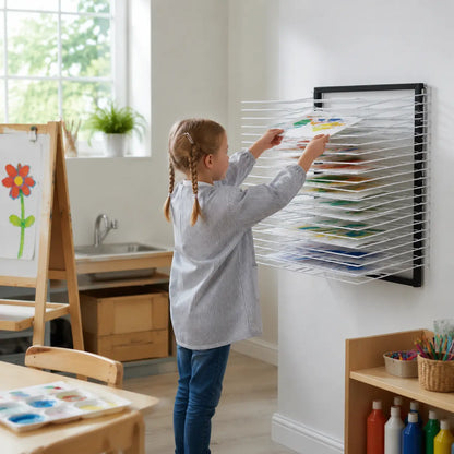 20 Shelf Wall Mounted Drying Rack in a naturally lit early-years nursery art area, lifestyle image 8