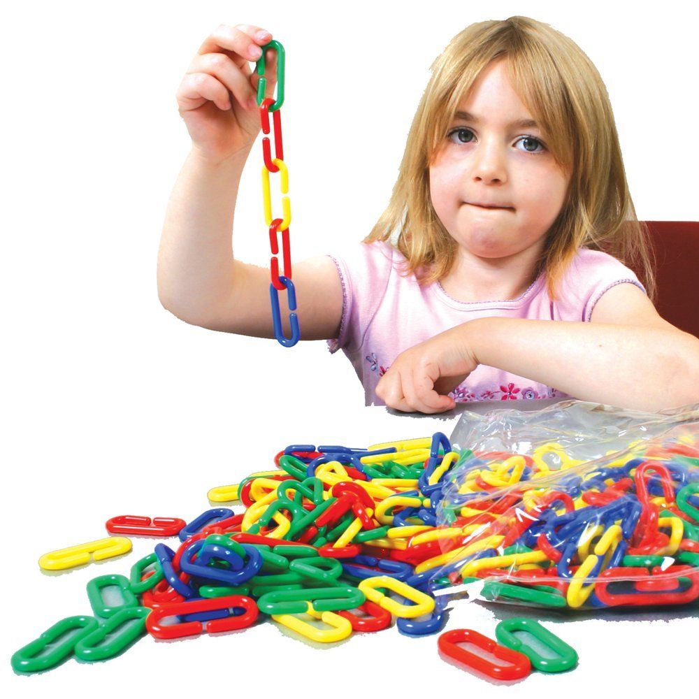 200 Pack My First Links, This set of 200 different coloured pliable jumbo links make it easy to join and separate pieces to make a chain. The pieces are chunky and easy to grip so they are great for younger children. The different textures, colours and shapes on the surfaces of these links provide a sensory experience whilst slightly older children can use the links for sequencing activities. These jumbo links in 4 bright colours are good for sorting, counting and patterning. The design is suitable for smal