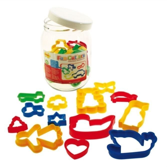 24 Piece Pack Pastry Cutters, This large jar of brightly coloured Pastry Cutters will delight young bakers with plenty of fun designs which include animals, plants, vehicles, people and buildings, in different sizes and colours.This large jar of cut out shapes will delight young bakers looking for plenty of fun! Lots of designs in different sizes and colours, making every baking session a unique experience. Easy to clean, and can be stored tidily in the large jar. Suitable for ages 3+ years, consists of 24 