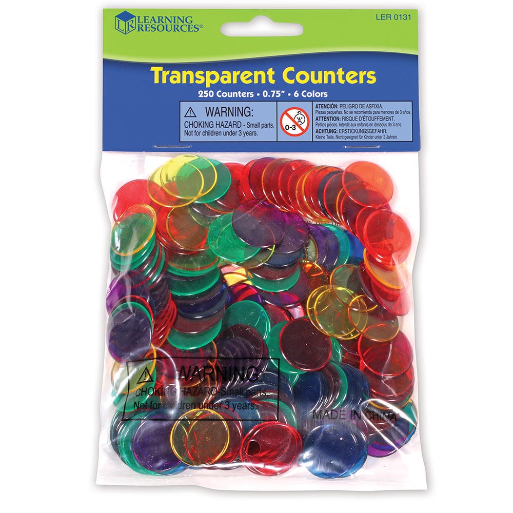 250 Pack Transparent Counters, These translucent counters are made with high-quality materials, ensuring durability and long-lasting use. They come in a variety of vibrant colours, making them visually appealing to children. The translucent nature of these counters allows light to pass through, creating an engaging visual experience when used on a lightbox. With 250 counters in the pack, educators and parents can take advantage of the versatility they offer. These counters can be used as a counting resource