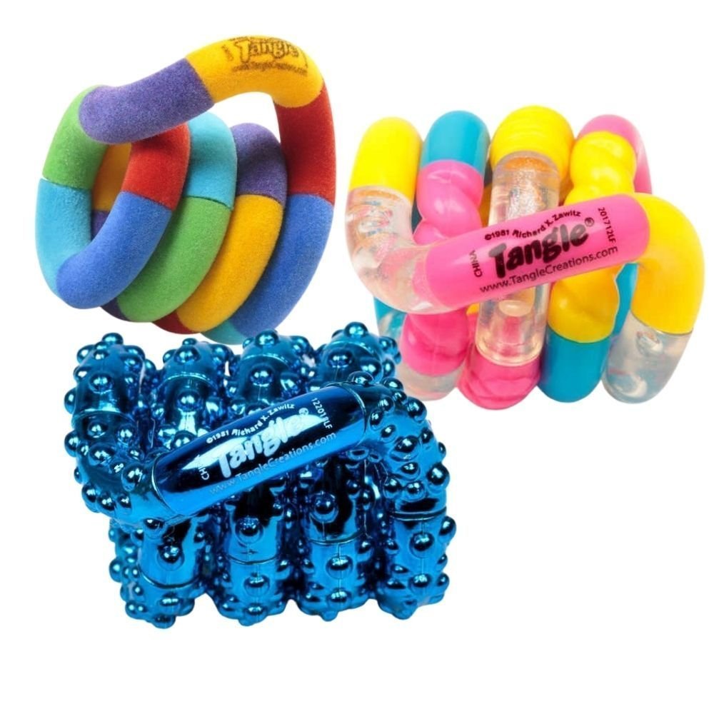 3 Pack Assorted Tangle Fidget Toys, Box set of 3 Tangle Jr Classics. Ideal gift for a child, adult or elderly relative who needs a therapy tool for their hands and fingers. Great quality and supplied as shown in unisex colours. The tangle toy set is ideal for children who want to have a distraction tool at hand at home,school and out and about. Each to keep clean so perfect for the classroom. A set of the 3 most popular styles of tangle Dimensions remain the same: the size of the tangles are 5cm coiled and 