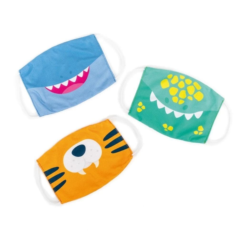 3 Pack Dinosaur, Tiger, Shark Kids Face Mask Set, This set of 3 adorable kids' face coverings brings a touch of whimsy to safety precautions, featuring designs that will appeal to young children. With dinosaur, tiger, and shark faces, these masks make wearing a face covering a little more enjoyable for children ages 3 and up. Comfort is key when it comes to wearing a mask, and these face coverings are designed with that in mind. Made from soft, breathable polyester fabric, these masks are both comfortable t