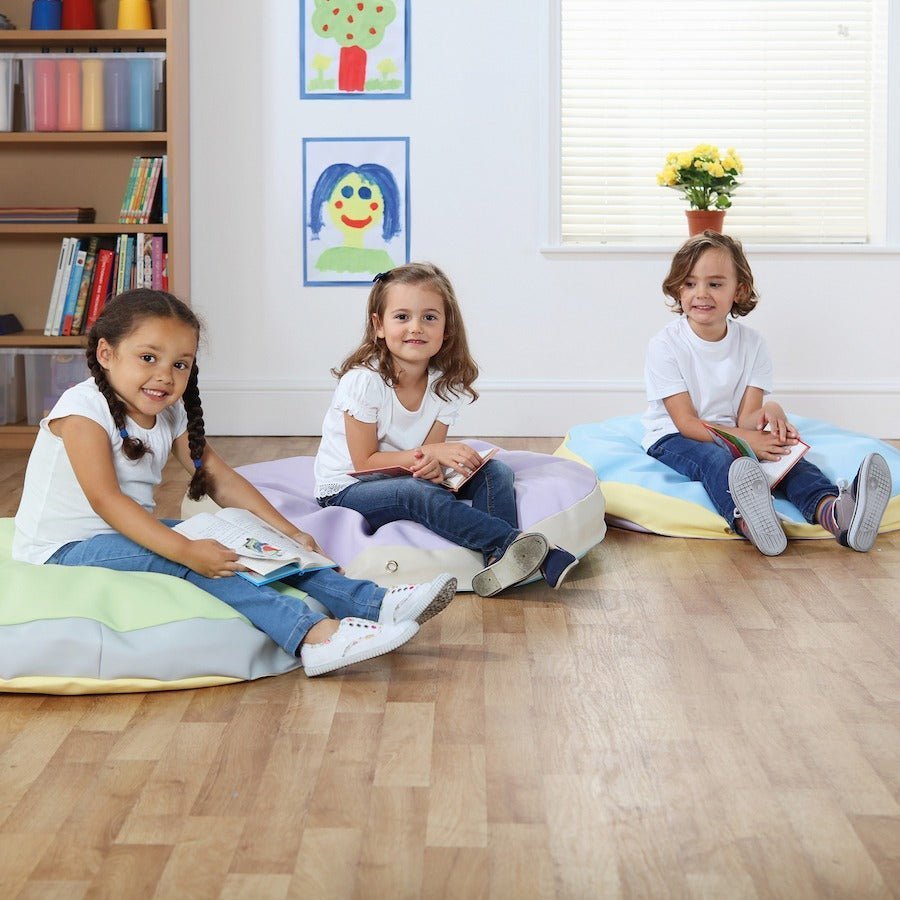 3 Pack Pastel Sag Bags, The 3 Pack Pastel Sag Bag Giant Cushions are designed to surround and support a child and maintain shape and are wipe clean and waterproof and soft to touch and made from quality vinyl The Pastel Sag Bag Giant Cushions are a delightful classroom or early years addition which oozes style and comfort and children will love. Set of 3 Pastel Sag Bag Giant Cushions supplied. The Pastel Sag Bag Giant Cushions are excellent for seating or sleeping. Pack of 3 Pastel Sag Bag Giant Cushions Ma