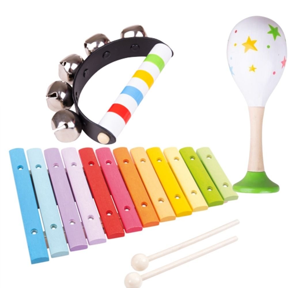3 Piece Wooden Music Set, Get ready to strike up the band and nurture the musical talents of young ones with our Wooden Music Set. Designed for children to explore the world of sound and rhythm from an early age, this set features a colorful xylophone, a charming hand bell, and delightful castanets. It's the perfect ensemble for creative play sessions among friends and family. Key Features: Musical Exploration: The Wooden Music Set encourages children to dive into the world of music, helping them develop th