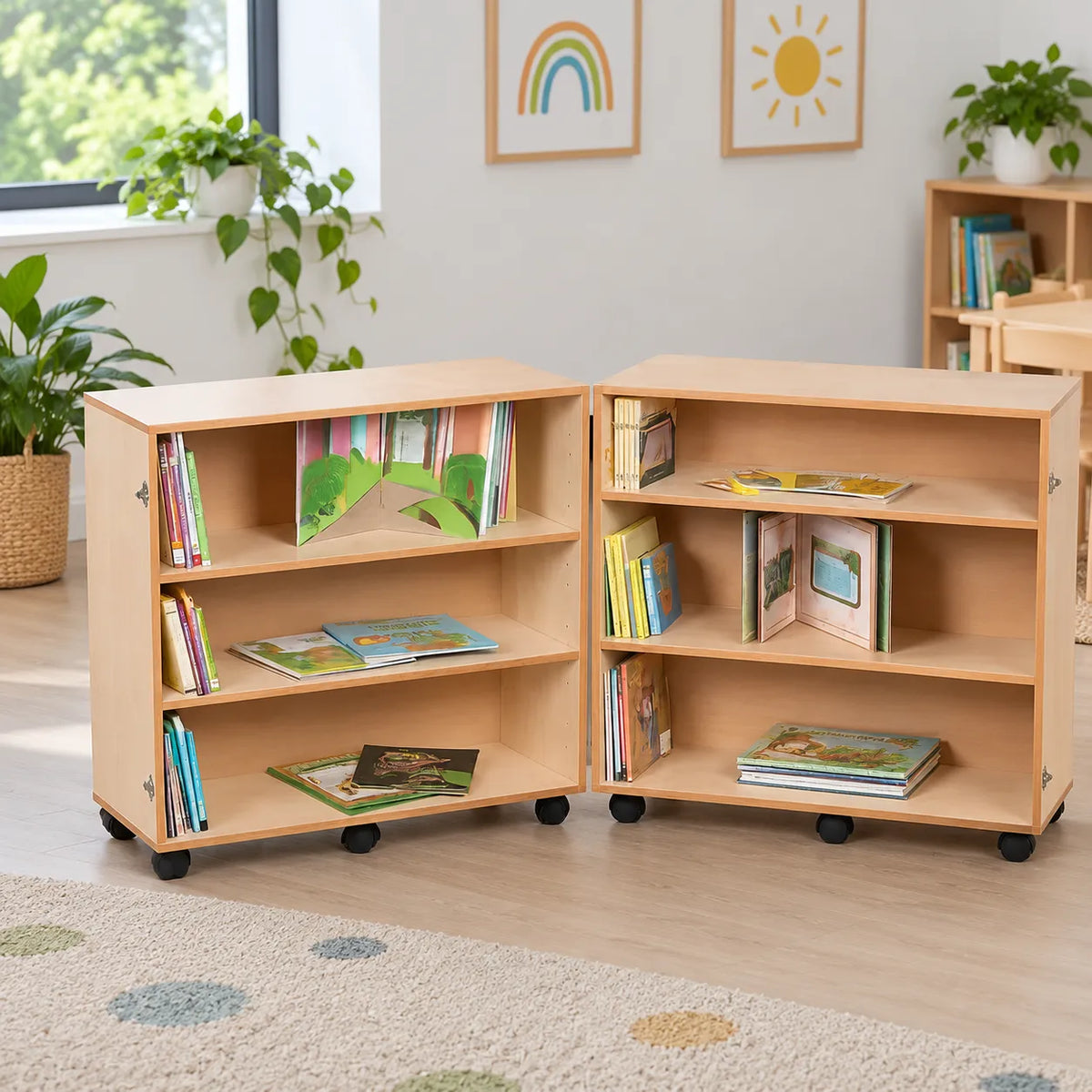 3 Shelf Bookcase Hinged in a bright classroom setting – view 7