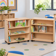 3 Shelf Bookcase Hinged in a bright classroom setting – view 1