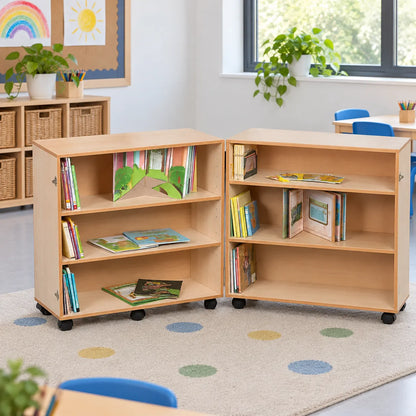 3 Shelf Bookcase Hinged in a bright classroom setting – view 1