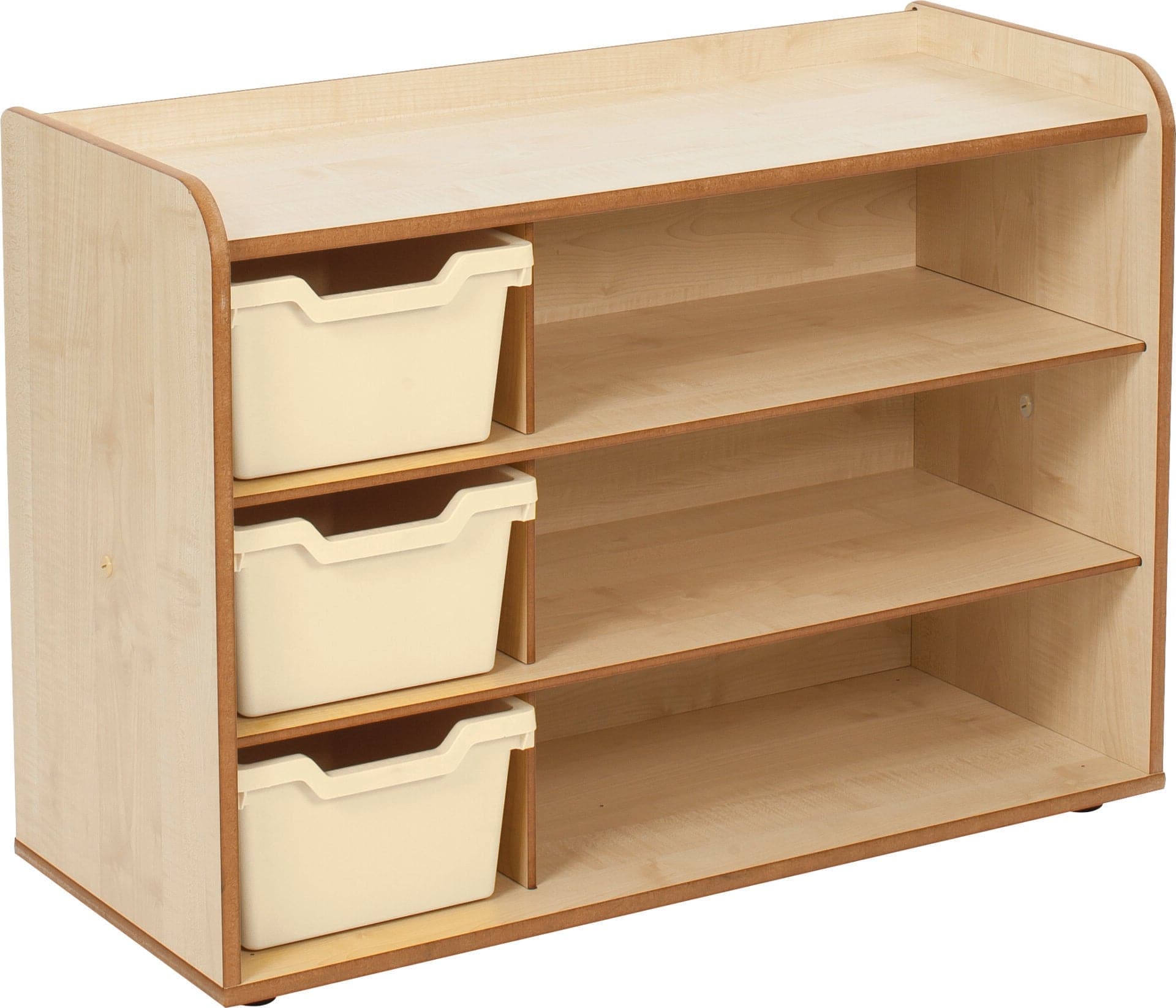 3 Tray Unit with Shelves and Magnolia Trays, The Solway range includes a quality selection of play, reading and tray storage units. Every 3 Tray Unit with Shelves and Magnolia Tray unit comes with connectors so they can be attached together. The 3 Tray Unit with Shelves and Magnolia Trays are designed to be easily accessible, safe and to encourage independence. 3 Tray Unit with Shelves and Magnolia Trays 15mm Covered MDF – ISO 22196 certified antibacterial. Can be free standing or joined to other units in t