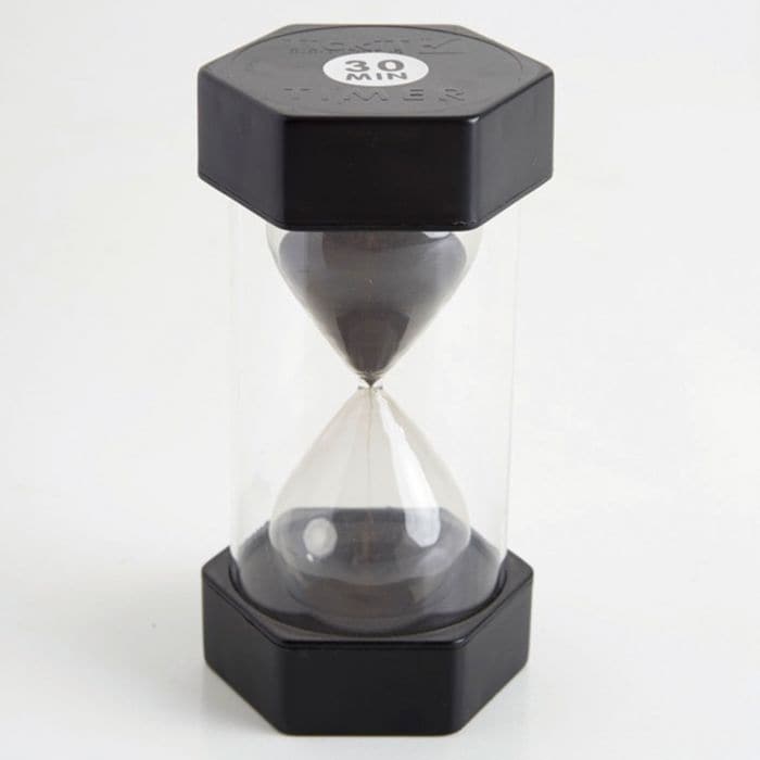30 minutes sand timer, Large 30 minute sand timer with unique end caps and black colour coding for a consistent link between using sand timers in different settings. Time is of the essence, and that saying truly comes to life with our new splendid range of Sand Timers! Encased in a solid and durable covering made of glass and plastic, these different coloured and sized Timers capture the concept of time in a way that children can easily understand and appreciate. It also creates immersing visual effects tha