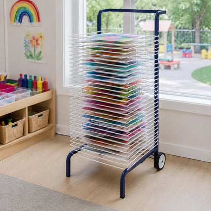 30 Shelf Mobile Art Drying Rack in a naturally lit early-years nursery art area, lifestyle image 2