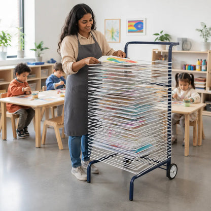 30 Shelf Mobile Art Drying Rack in a naturally lit early-years nursery art area, lifestyle image 3