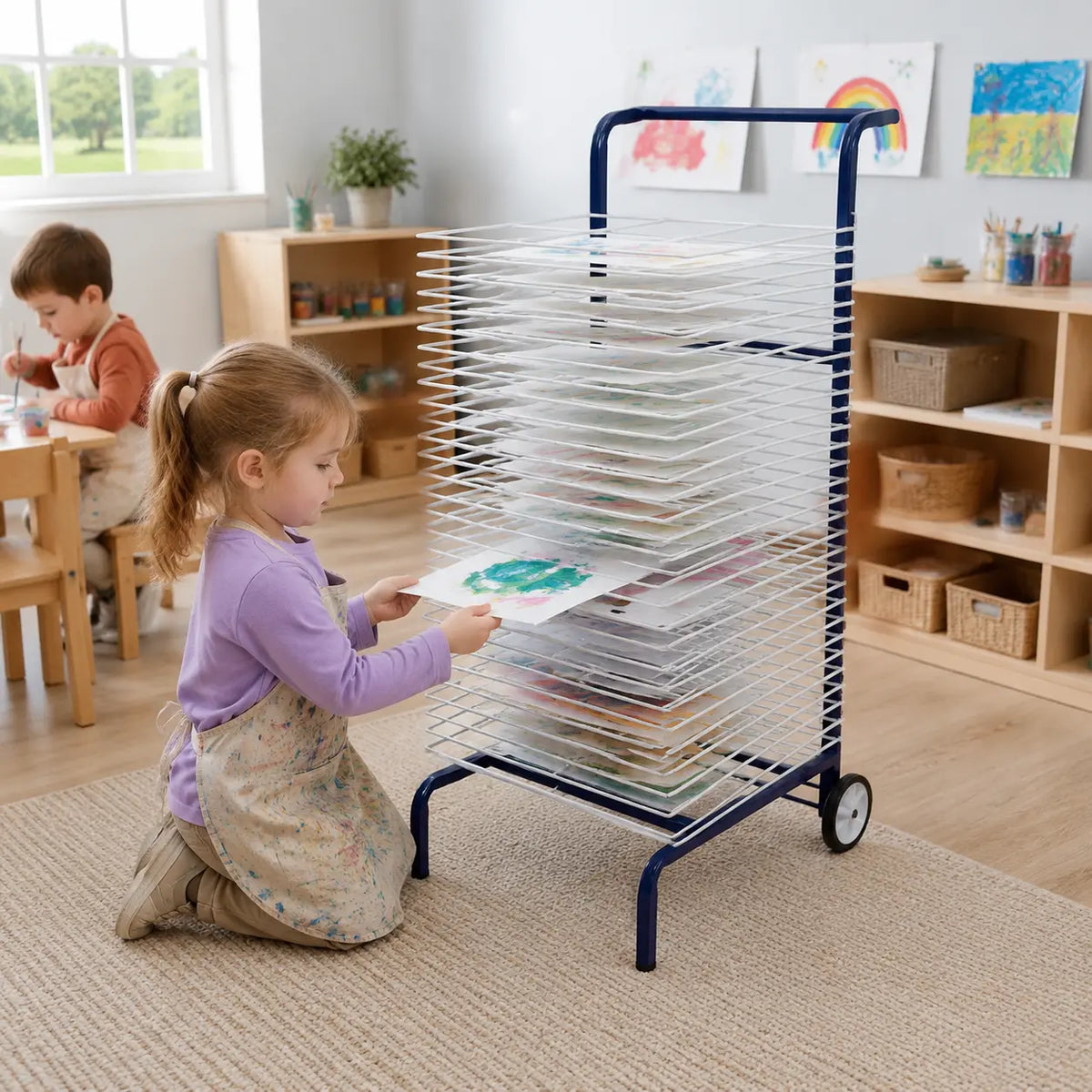 30 Shelf Mobile Art Drying Rack in a naturally lit early-years nursery art area, lifestyle image 4