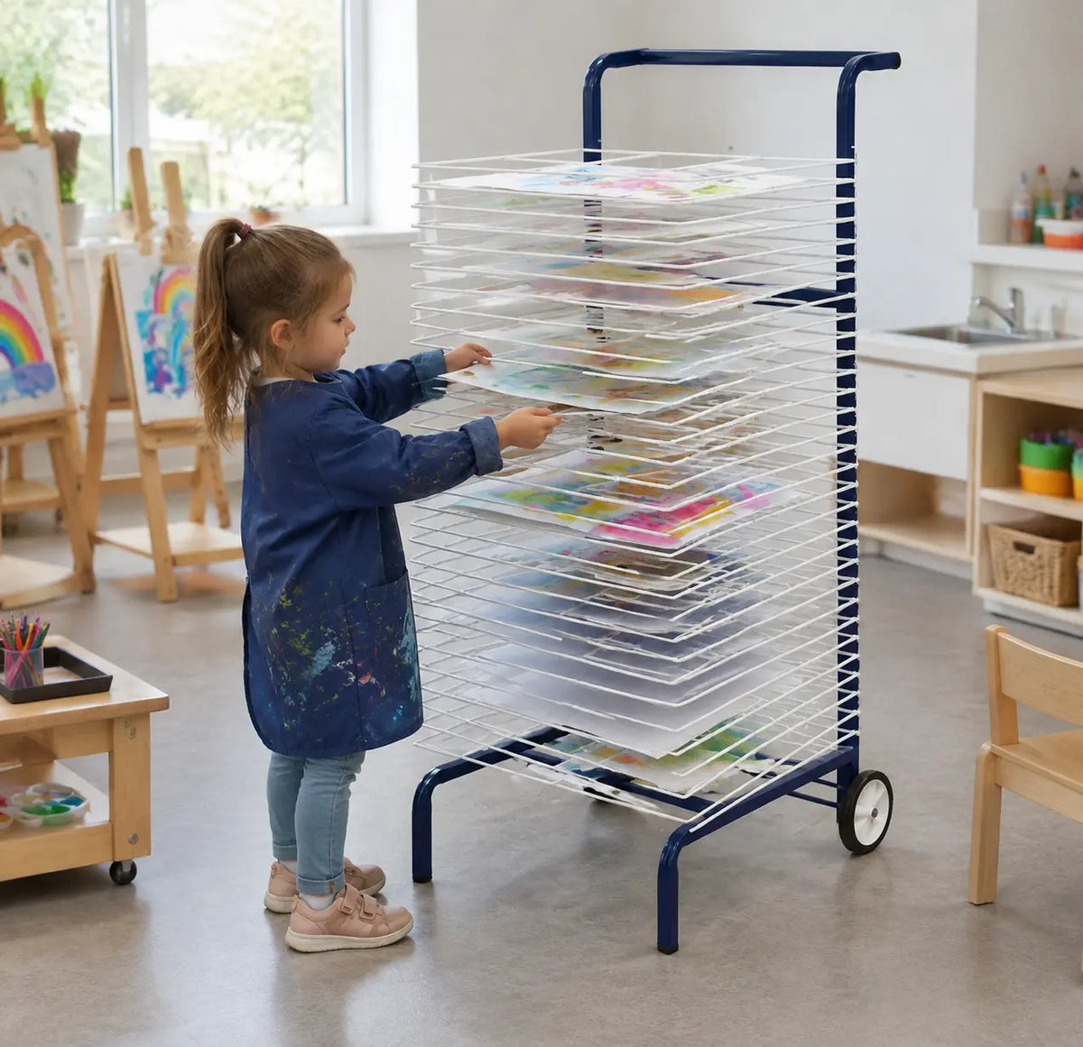 30 Shelf Mobile Art Drying Rack in a naturally lit early-years nursery art area, lifestyle image 7