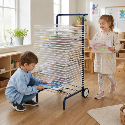 30 Shelf Mobile Art Drying Rack in a naturally lit early-years nursery art area, lifestyle image 8