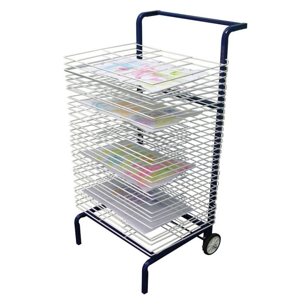 30 Shelf Mobile Art Drying Rack, This 30 Shelf Mobile Art Drying Rack with wheels has a push handle, which enables even the most heavily laden dryer to be manoeuvred around classrooms with ease. 30 shelves. This 30 Shelf Mobile Art Drying Rack makes an ideal school art drying rack. This compact mobile unit makes an ideal drying rack for childrens' artwork. Holds up to 30 A2 sheets of paper. Ideal class size dryer. Easy to manoeuvre. H103cm W48.5cm D43cm., 30 Shelf Mobile Art Drying Rack,Mobile Drying Rack D