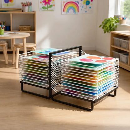 30 Shelf Spring Loaded Dryer in a naturally lit early years nursery lifestyle setting 2
