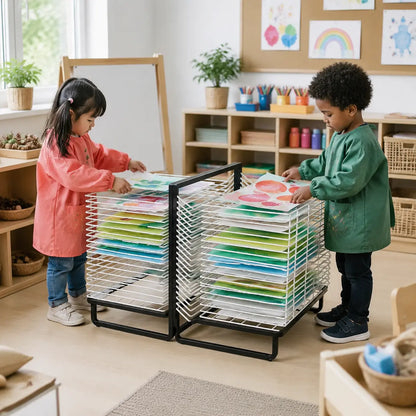 30 Shelf Spring Loaded Dryer in a naturally lit early years nursery lifestyle setting 3