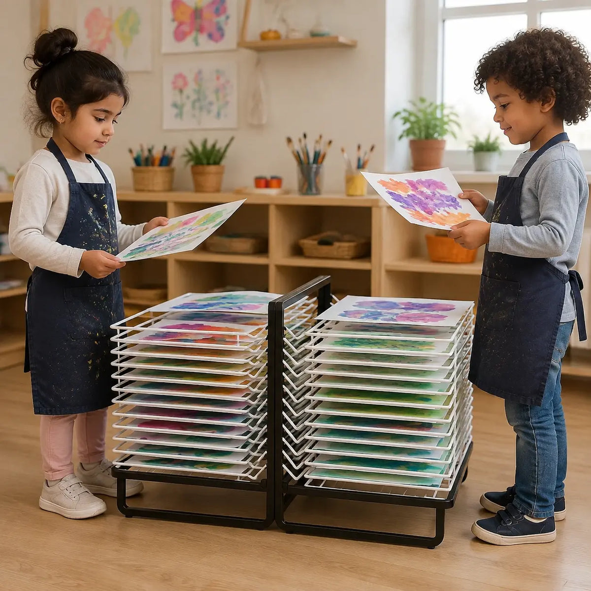 30 Shelf Spring Loaded Dryer in a naturally lit early years nursery lifestyle setting 6