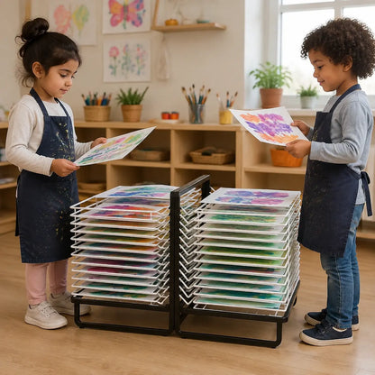 30 Shelf Spring Loaded Dryer in a naturally lit early years nursery lifestyle setting 6