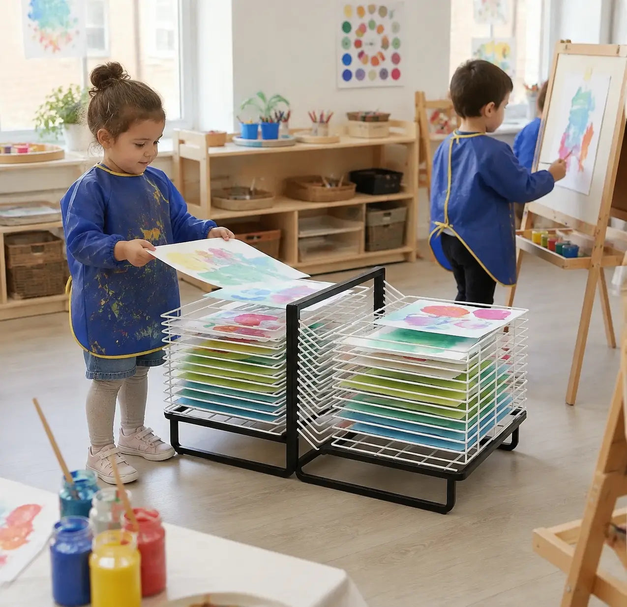 30 Shelf Spring Loaded Dryer in a naturally lit early years nursery lifestyle setting 7