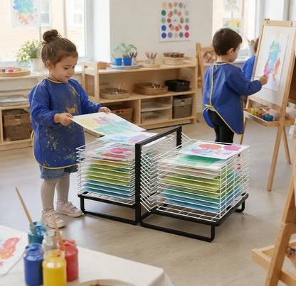 30 Shelf Spring Loaded Dryer in a naturally lit early years nursery lifestyle setting 7