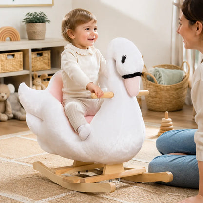 Swan Plush Rocking Horse with Music – White and Pink lifestyle play scene 1