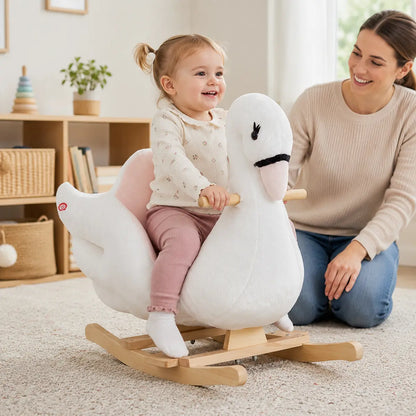 Swan Plush Rocking Horse with Music – White and Pink lifestyle play scene 2