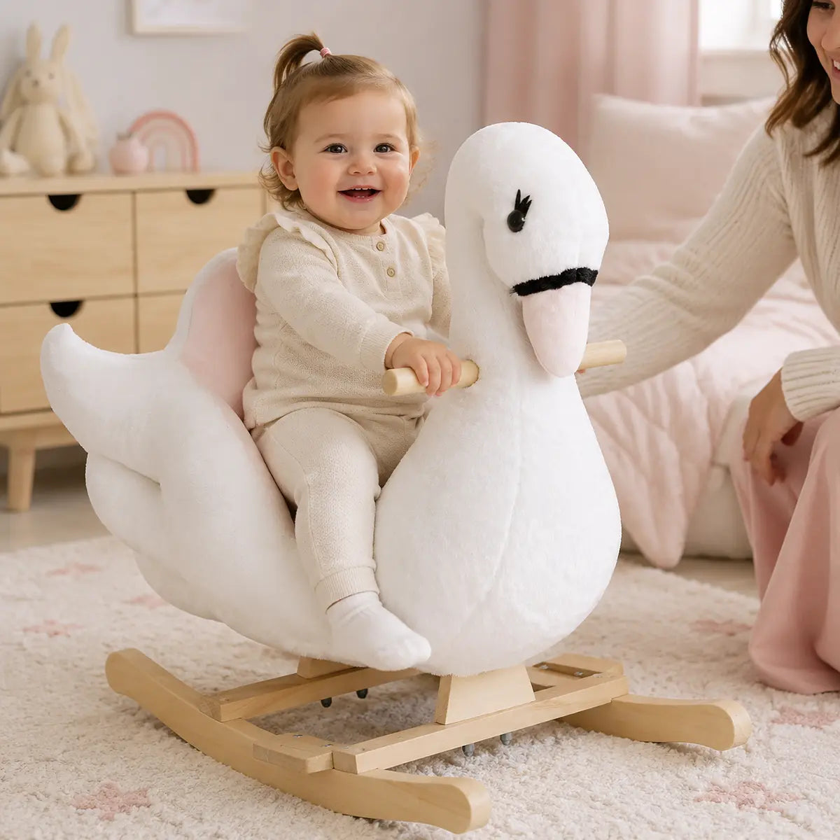 Swan Plush Rocking Horse with Music – White and Pink lifestyle play scene 3