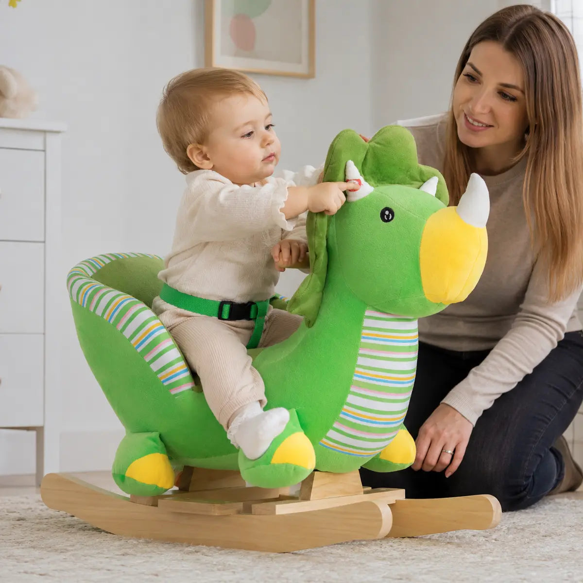 Dinosaur Plush Rocking Horse with Sound – Green lifestyle play scene 3