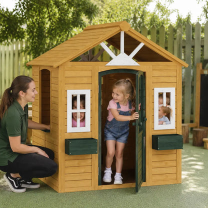 Wooden Wendy House with Door, Windows and Flower Boxes lifestyle play scene 1