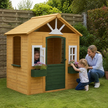 Wooden Wendy House with Door, Windows and Flower Boxes lifestyle play scene 2