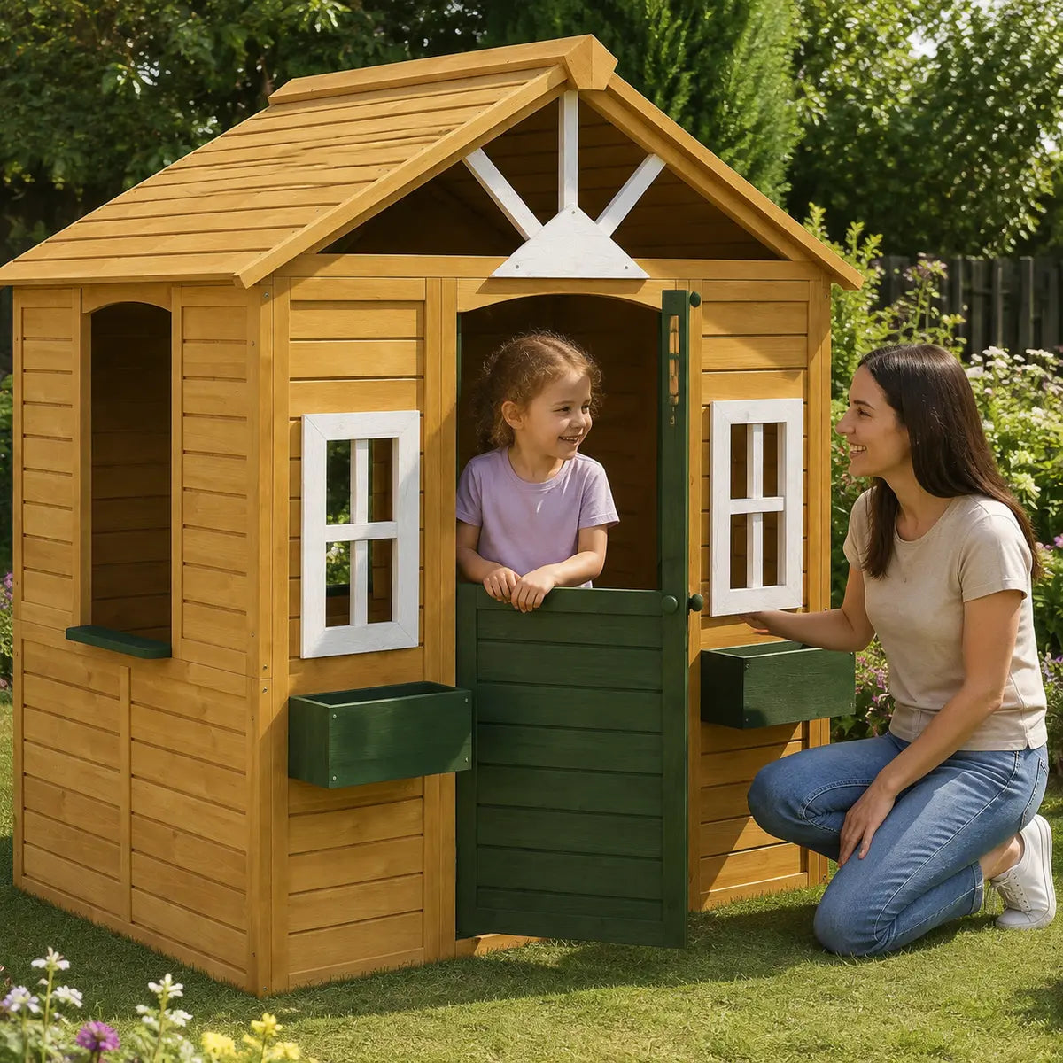 Wooden Wendy House with Door, Windows and Flower Boxes lifestyle play scene 3