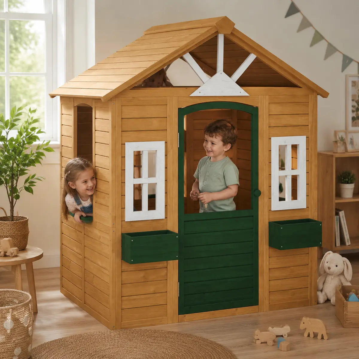 Wooden Wendy House with Door, Windows and Flower Boxes lifestyle play scene 4