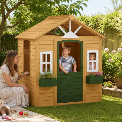 Wooden Wendy House with Door, Windows and Flower Boxes