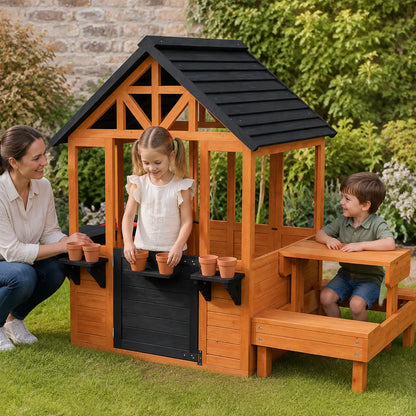 Wooden Playhouse with Table, Benches and Sink – Natural lifestyle play scene 2