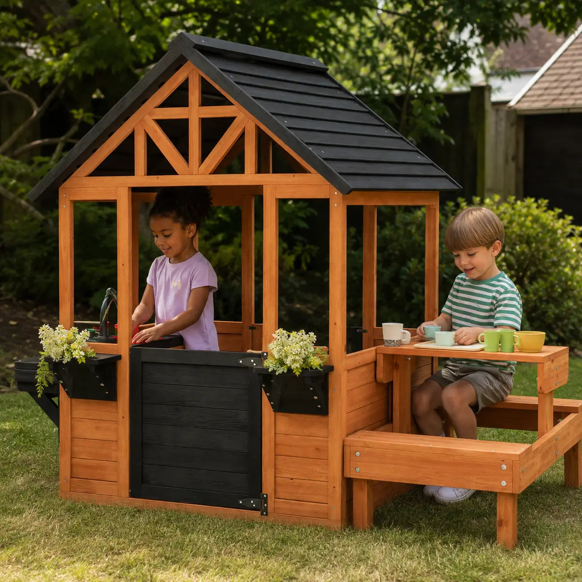 Wooden Playhouse with Table, Benches and Sink – Natural lifestyle play scene 3