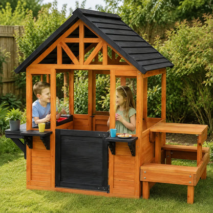 Wooden Playhouse with Table, Benches and Sink – Natural lifestyle play scene 4