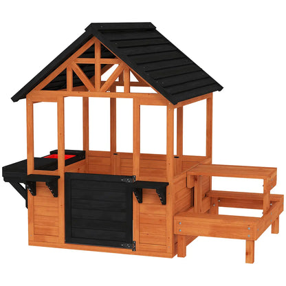 Wooden Playhouse with Table, Benches and Sink – Natural lifestyle play scene 5