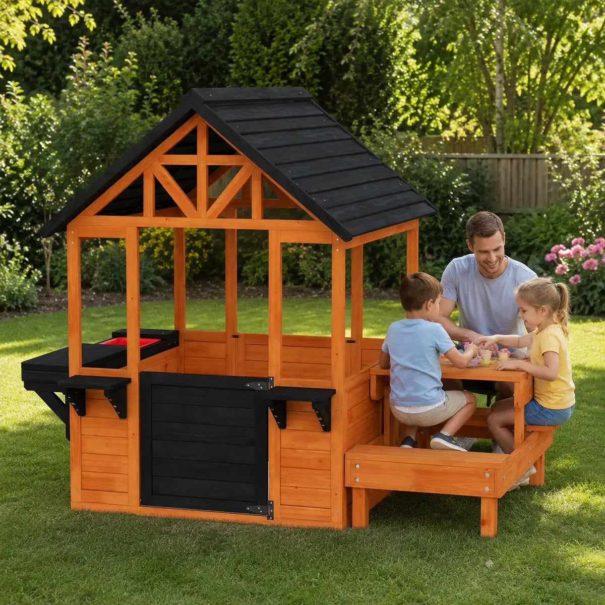 Wooden Playhouse with Table, Benches and Sink – Natural