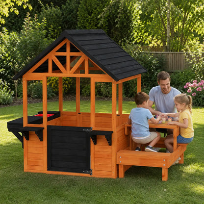 Wooden Playhouse with Table, Benches and Sink – Natural