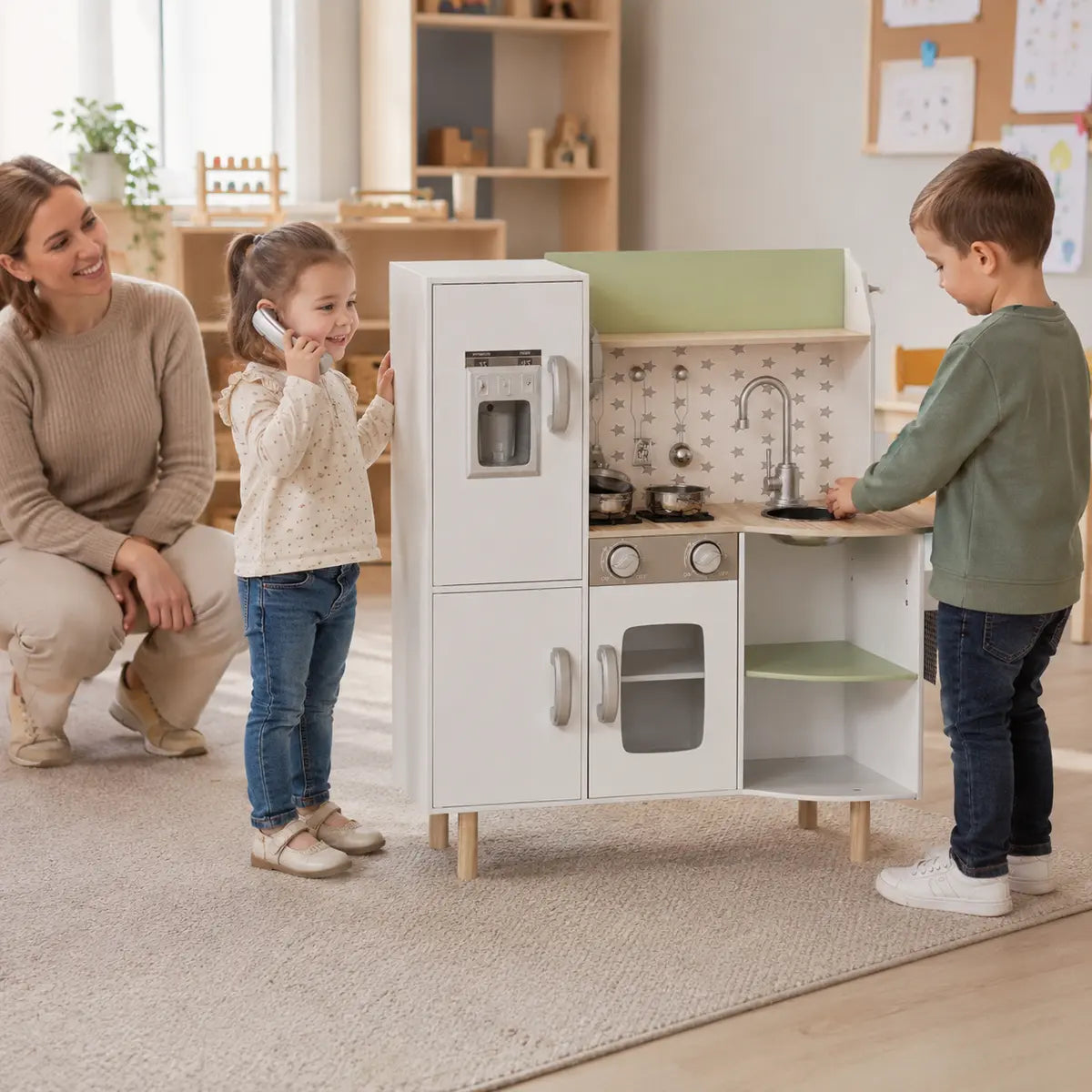 Kids' Play Kitchen with Phone, Ice Maker, Stove and Sink – White lifestyle play scene 1