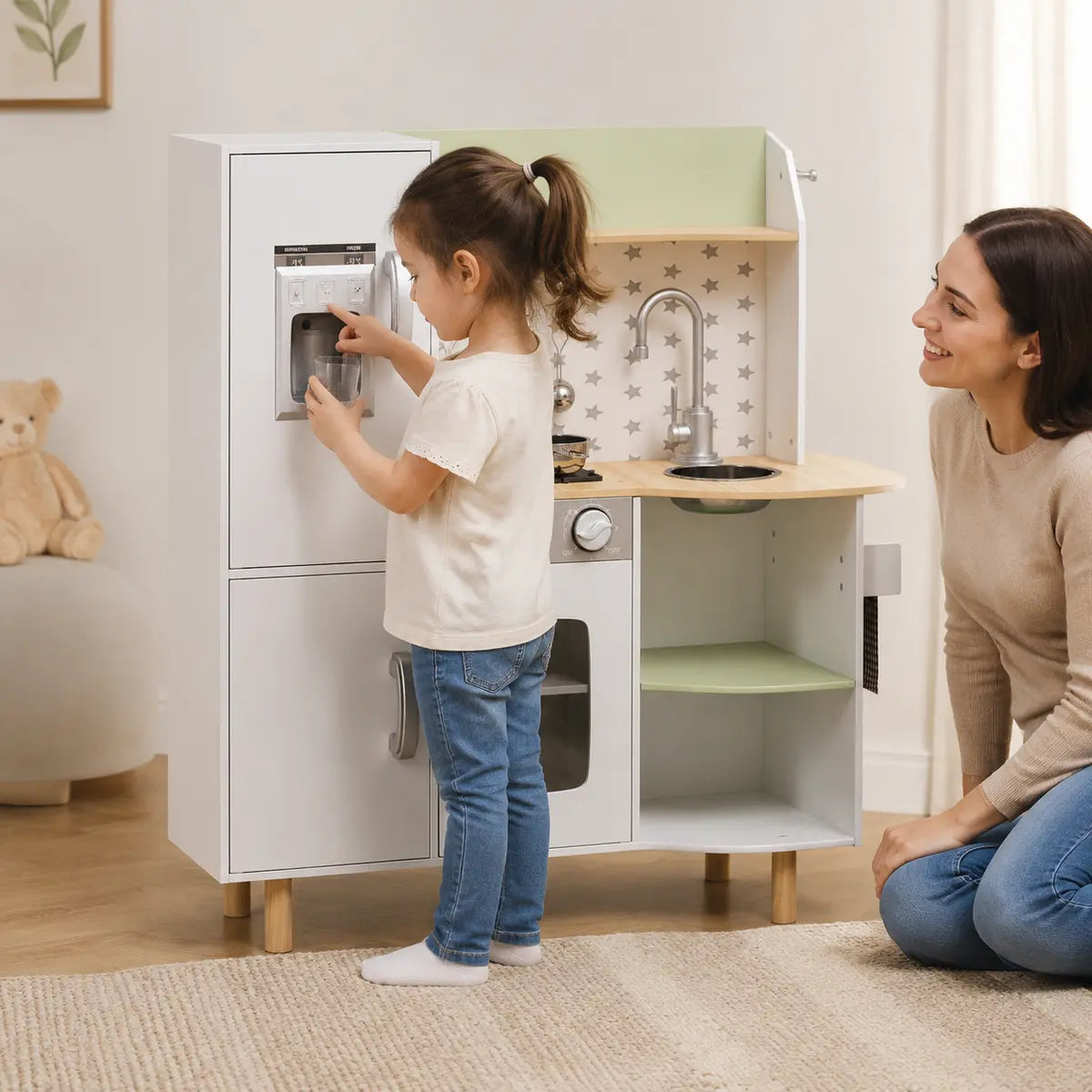Kids' Play Kitchen with Phone, Ice Maker, Stove and Sink – White lifestyle play scene 2