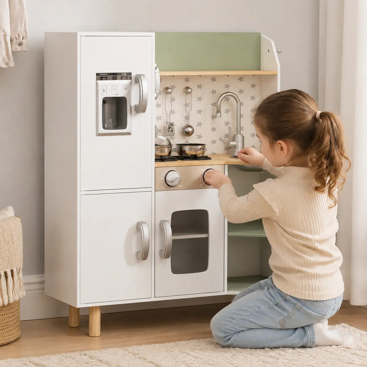 Kids' Play Kitchen with Phone, Ice Maker, Stove and Sink – White lifestyle play scene 3