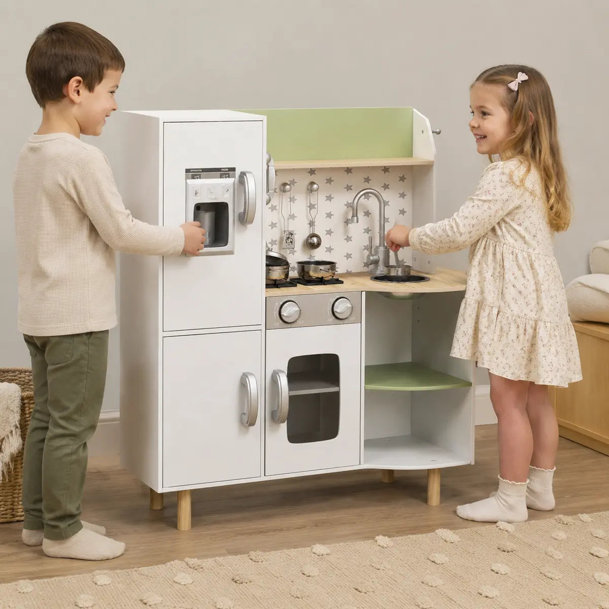 Kids' Play Kitchen with Phone, Ice Maker, Stove and Sink – White lifestyle play scene 4