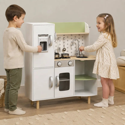 Kids' Play Kitchen with Phone, Ice Maker, Stove and Sink – White lifestyle play scene 4