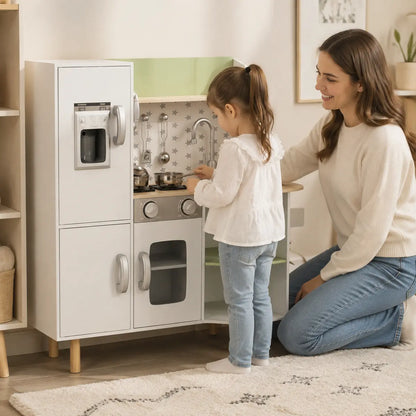 Kids' Play Kitchen with Phone, Ice Maker, Stove and Sink – White