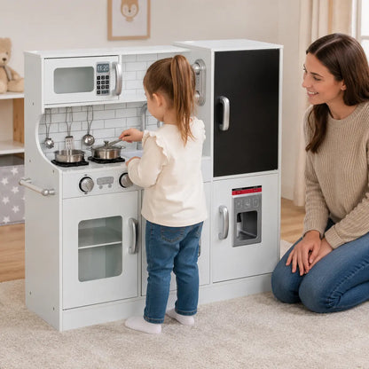 Pretend Play Kitchen with Phone, Chalkboard and Microwave – White lifestyle play scene 1