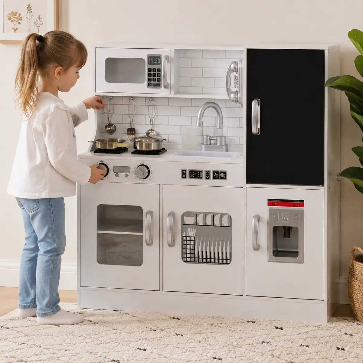 Pretend Play Kitchen with Phone, Chalkboard and Microwave – White lifestyle play scene 2