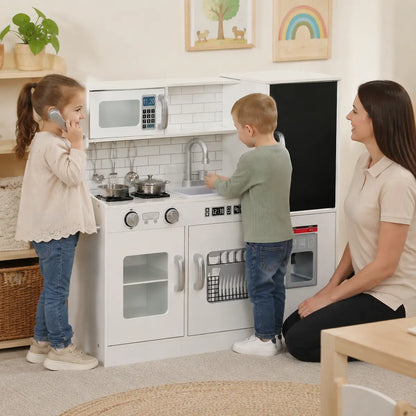 Pretend Play Kitchen with Phone, Chalkboard and Microwave – White