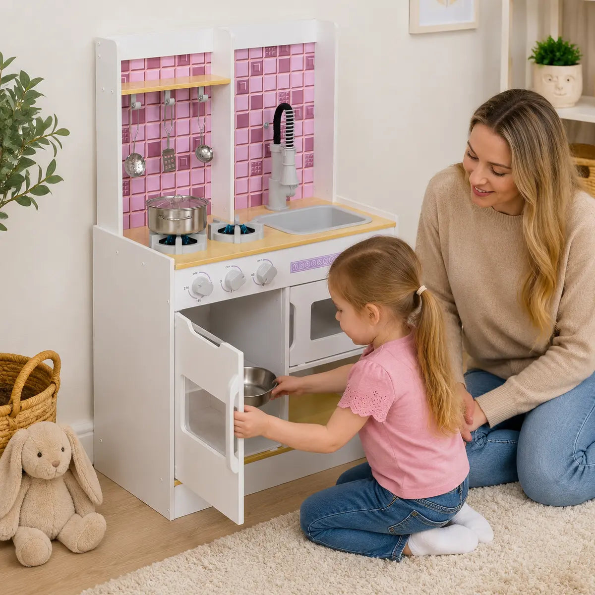 Wooden Play Kitchen with Oven, Stove and Sink – White lifestyle play scene 2